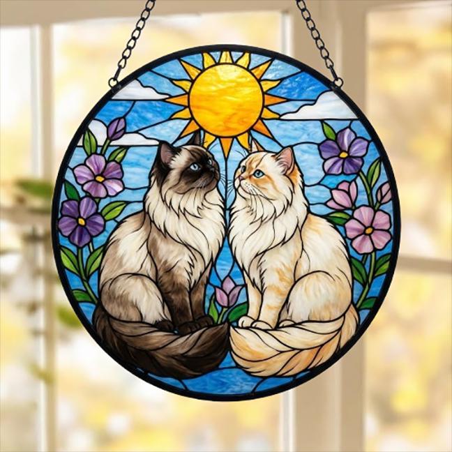 Custom Himalayan Cat Couple Stained Glass Suncatcher, Cat Glass Window Hanging Art, Pet Keepsake Glass Sun Catcher,Memorial Gifts