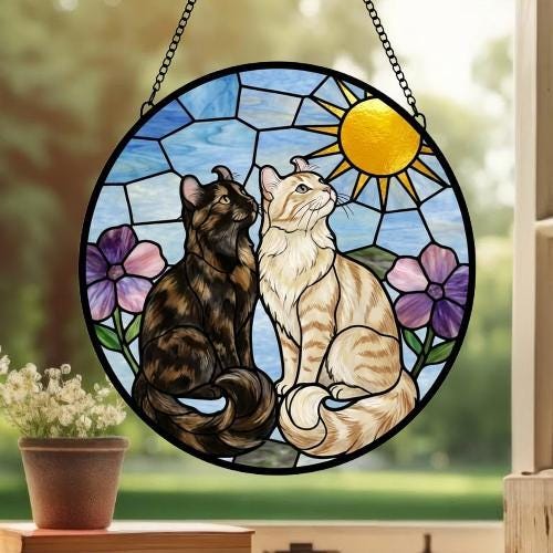 Custom American Curl cat Couple Stained Glass Suncatcher, Cat Glass Window Hanging Art, Pet Keepsake Glass Sun Catcher,Memorial Gifts - image 3