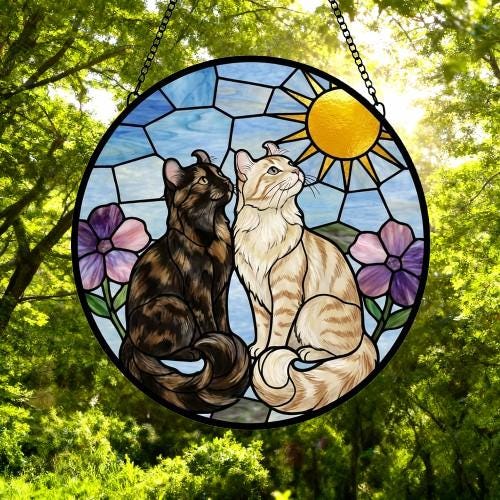 Custom American Curl cat Couple Stained Glass Suncatcher, Cat Glass Window Hanging Art, Pet Keepsake Glass Sun Catcher,Memorial Gifts - image 5