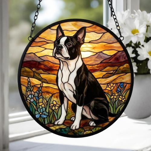 Custom Boston Terrier dog Stained Glass Suncatcher,  Pet Lover Gift, Housewarming Gift, Window Hangings - image 4