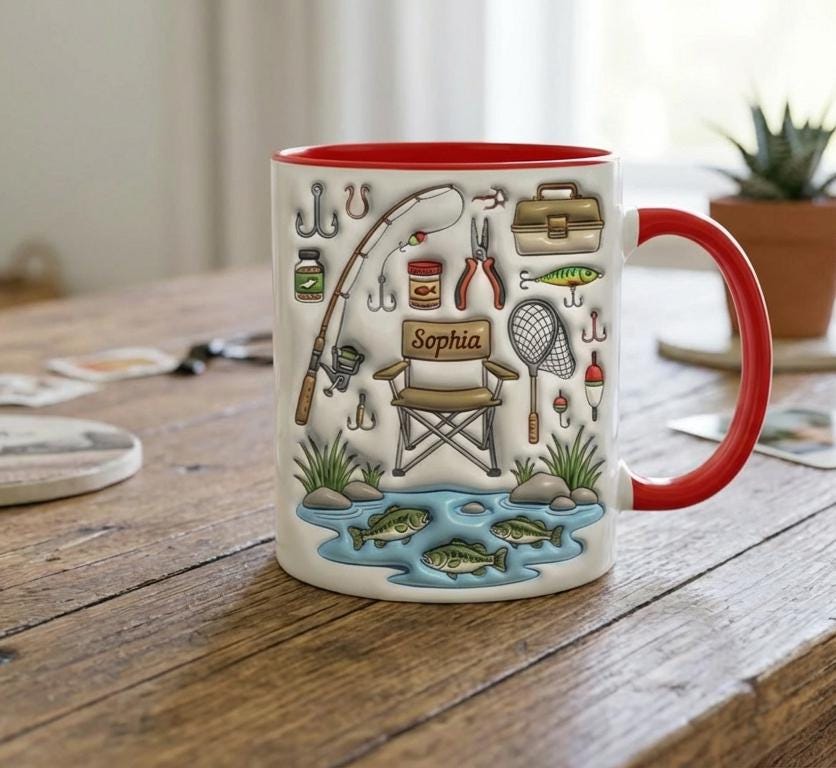 Custom Name Fishing Mug, Personalized Fisherman Coffee Cup, Gift for Husband, Boyfriend, Outdoor Hobby Cups