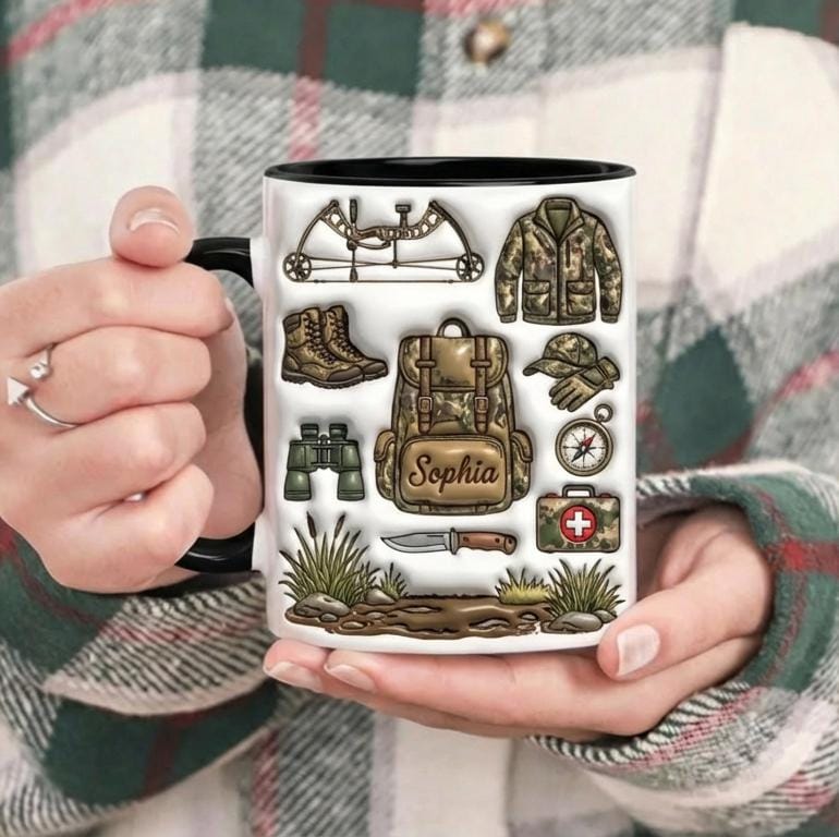 Personalized Bow Hunting Mug, Custom Name Hunting Lover Coffee Cup, Hunter Gift, Outdoor Hobby Mugs