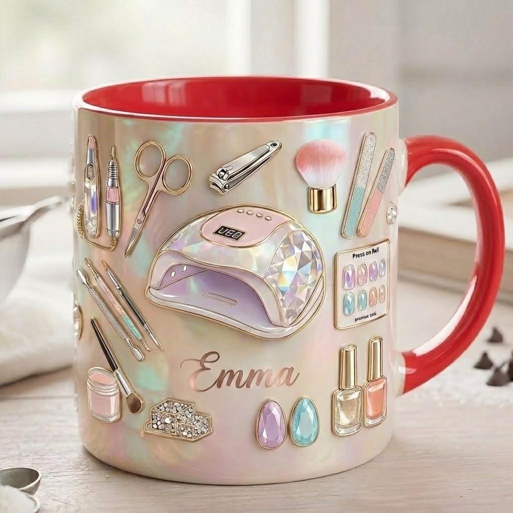 Custom Name Nail Tech 3D Effect Mug, Nail Artist Gift, Nail Art Coffee, Beauty Salon