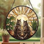 Custom Couple Maine Coon Cats Glass Suncatcher, Cat Plant Window Hanging, Cat Mom Gift, Cat Monstera Suncatcher, Plant Lover Gift - image 2
