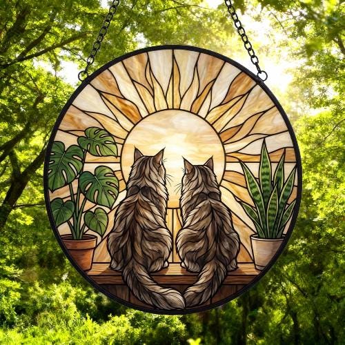Custom Couple Maine Coon Cats Glass Suncatcher, Cat Plant Window Hanging, Cat Mom Gift, Cat Monstera Suncatcher, Plant Lover Gift - image 4