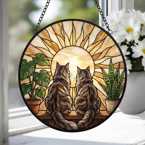 Custom Couple Maine Coon Cats Glass Suncatcher, Cat Plant Window Hanging, Cat Mom Gift, Cat Monstera Suncatcher, Plant Lover Gift - image 3