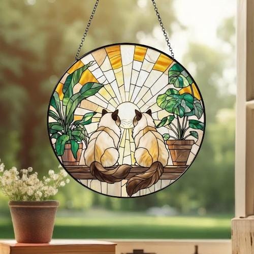 Custom Couple Ragdoll  Cats Glass Suncatcher, Cat Plant Window Hanging, Cat Mom Gift, Cat Monstera Suncatcher, Plant Lover Gift - image 2