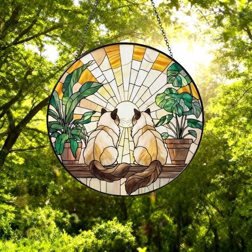 Custom Couple Ragdoll  Cats Glass Suncatcher, Cat Plant Window Hanging, Cat Mom Gift, Cat Monstera Suncatcher, Plant Lover Gift - image 4