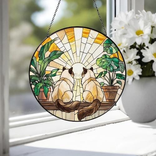 Custom Couple Ragdoll  Cats Glass Suncatcher, Cat Plant Window Hanging, Cat Mom Gift, Cat Monstera Suncatcher, Plant Lover Gift - image 3