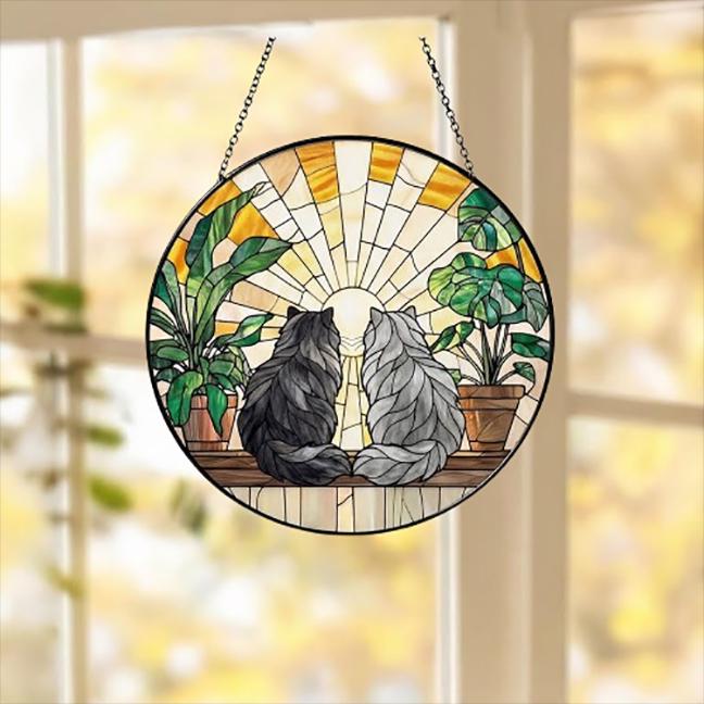 Custom Couple Persian Cats Glass Suncatcher, Cat Plant Window Hanging, Cat Mom Gift, Cat Monstera Suncatcher, Plant Lover Gift