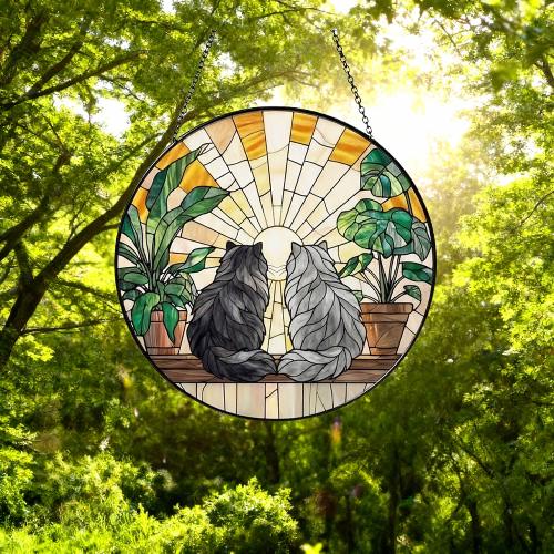 Custom Couple Persian Cats Glass Suncatcher, Cat Plant Window Hanging, Cat Mom Gift, Cat Monstera Suncatcher, Plant Lover Gift - image 4