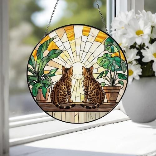 Custom Couple Bengal  Cats Glass Suncatcher, Cat Plant Window Hanging, Cat Mom Gift, Cat Monstera Suncatcher, Plant Lover Gift - image 4