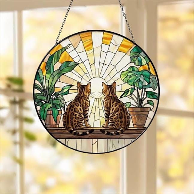 Custom Couple Bengal  Cats Glass Suncatcher, Cat Plant Window Hanging, Cat Mom Gift, Cat Monstera Suncatcher, Plant Lover Gift