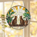Custom Couple Bengal  Cats Glass Suncatcher, Cat Plant Window Hanging, Cat Mom Gift, Cat Monstera Suncatcher, Plant Lover Gift