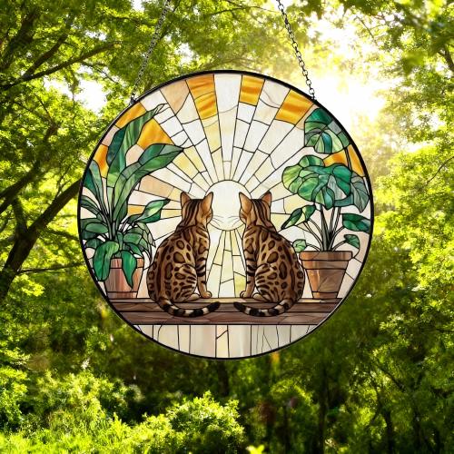 Custom Couple Bengal  Cats Glass Suncatcher, Cat Plant Window Hanging, Cat Mom Gift, Cat Monstera Suncatcher, Plant Lover Gift - image 5