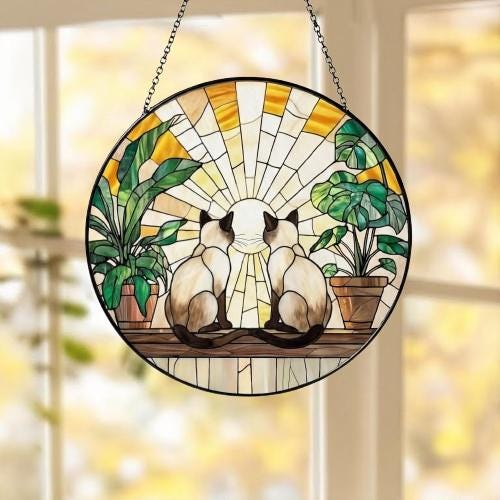 Custom Couple Siamese Cats Glass Suncatcher, Cat Plant Window Hanging, Cat Mom Gift, Cat Monstera Suncatcher, Plant Lover Gift - image 4