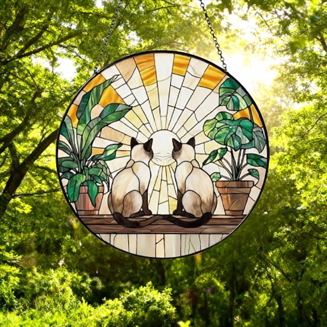 Custom Couple Siamese Cats Glass Suncatcher, Cat Plant Window Hanging, Cat Mom Gift, Cat Monstera Suncatcher, Plant Lover Gift