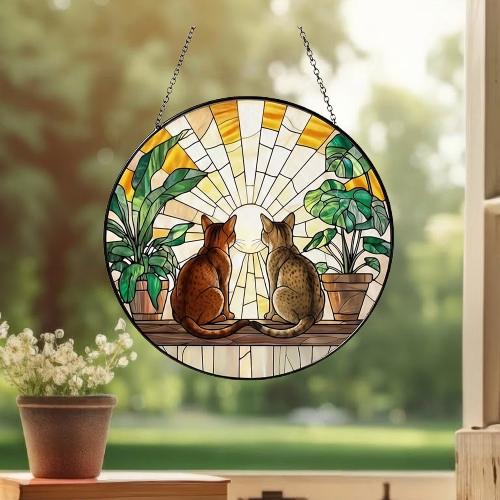 Custom Couple Abyssinian  Cats Glass Suncatcher, Cat Plant Window Hanging, Cat Mom Gift, Cat Monstera Suncatcher, Plant Lover Gift - image 4
