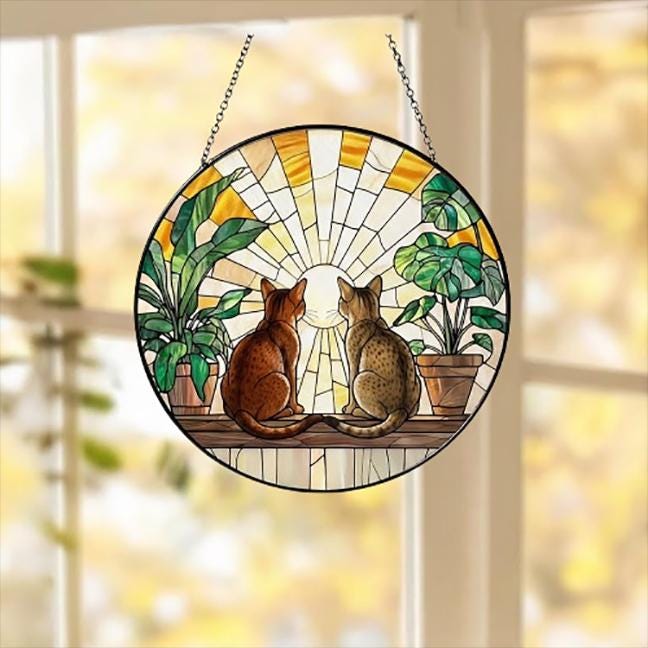 Custom Couple Abyssinian  Cats Glass Suncatcher, Cat Plant Window Hanging, Cat Mom Gift, Cat Monstera Suncatcher, Plant Lover Gift