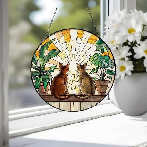 Custom Couple Abyssinian  Cats Glass Suncatcher, Cat Plant Window Hanging, Cat Mom Gift, Cat Monstera Suncatcher, Plant Lover Gift - image 5