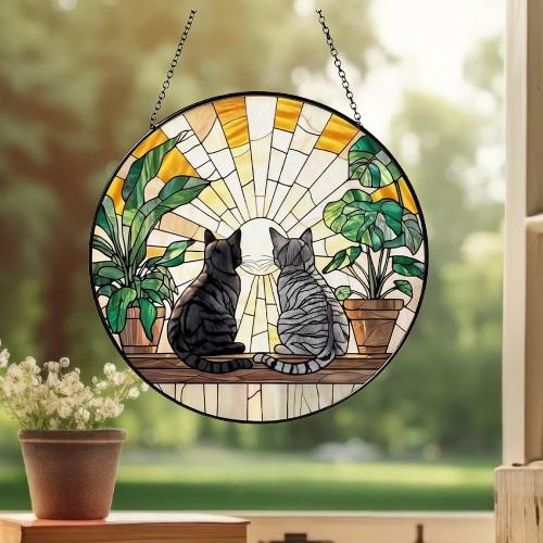 Custom Couple American Shorthair cat  Glass Suncatcher, Cat Plant Window Hanging, Cat Mom Gift, Cat Monstera Suncatcher, Plant Lover Gift - image 3
