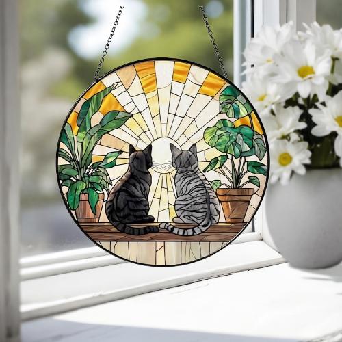 Custom Couple American Shorthair cat  Glass Suncatcher, Cat Plant Window Hanging, Cat Mom Gift, Cat Monstera Suncatcher, Plant Lover Gift - image 4