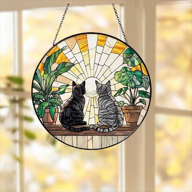 Custom Couple American Shorthair cat  Glass Suncatcher, Cat Plant Window Hanging, Cat Mom Gift, Cat Monstera Suncatcher, Plant Lover Gift
