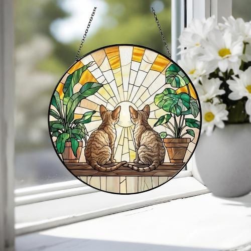 Custom Couple Devon Rex cats Glass Suncatcher, Cat Plant Window Hanging, Cat Mom Gift, Cat Monstera Suncatcher, Plant Lover Gift - image 4