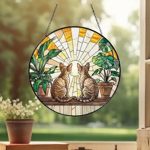 Custom Couple Devon Rex cats Glass Suncatcher, Cat Plant Window Hanging, Cat Mom Gift, Cat Monstera Suncatcher, Plant Lover Gift - image 3