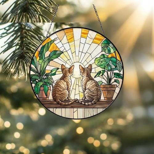 Custom Couple Devon Rex cats Glass Suncatcher, Cat Plant Window Hanging, Cat Mom Gift, Cat Monstera Suncatcher, Plant Lover Gift - image 2