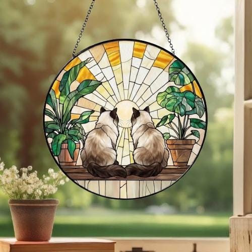 Custom Couple Himalayan cats Glass Suncatcher, Cat Plant Window Hanging, Cat Mom Gift, Cat Monstera Suncatcher, Plant Lover Gift - image 3
