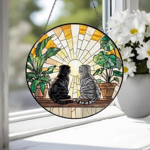 Custom Couple Scottish Fold cat Glass Suncatcher, Cat Plant Window Hanging, Cat Mom Gift, Cat Monstera Suncatcher, Plant Lover Gift - image 3