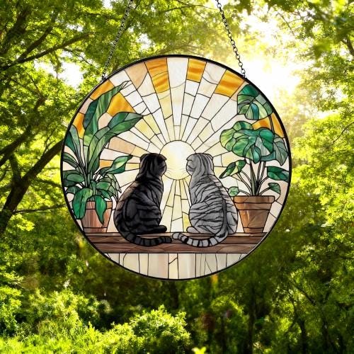 Custom Couple Scottish Fold cat Glass Suncatcher, Cat Plant Window Hanging, Cat Mom Gift, Cat Monstera Suncatcher, Plant Lover Gift - image 4