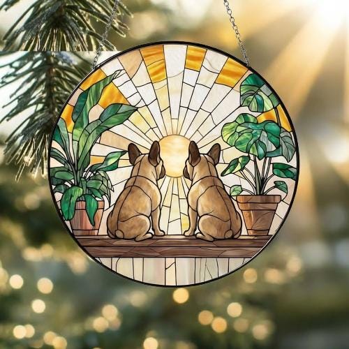 Custom Couple  French Bulldog dog Glass Suncatcher, dog Plant Window Hanging, dog Mom Gift, dog Monstera Suncatcher, Plant Lover Gift - image 2