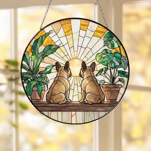 Custom Couple  French Bulldog dog Glass Suncatcher, dog Plant Window Hanging, dog Mom Gift, dog Monstera Suncatcher, Plant Lover Gift - image 5