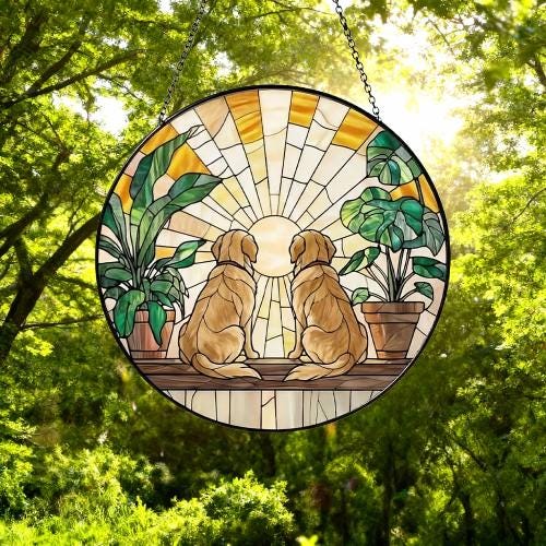 Custom Couple  Golden Retriever  dog Glass Suncatcher, dog Plant Window Hanging, dog Mom Gift, dog Monstera Suncatcher, Plant Lover Gift - image 5