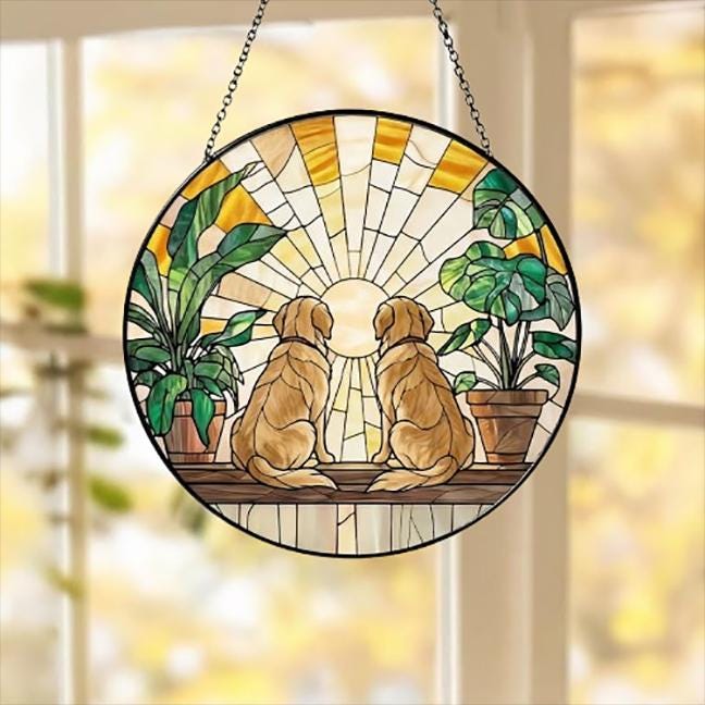 Custom Couple  Golden Retriever  dog Glass Suncatcher, dog Plant Window Hanging, dog Mom Gift, dog Monstera Suncatcher, Plant Lover Gift