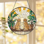 Custom Couple  Golden Retriever  dog Glass Suncatcher, dog Plant Window Hanging, dog Mom Gift, dog Monstera Suncatcher, Plant Lover Gift