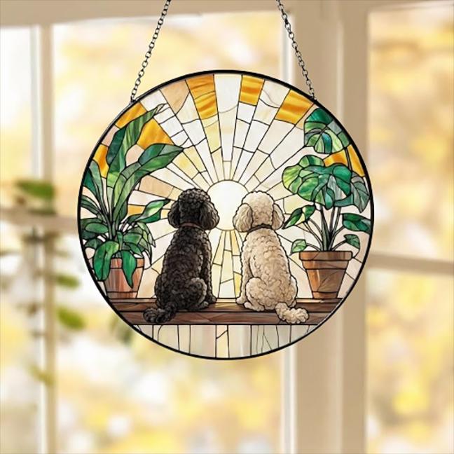 Custom Couple  Poodle  dog Glass Suncatcher, dog Plant Window Hanging, dog Mom Gift, dog Monstera Suncatcher, Plant Lover Gift