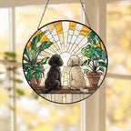 Custom Couple  Poodle  dog Glass Suncatcher, dog Plant Window Hanging, dog Mom Gift, dog Monstera Suncatcher, Plant Lover Gift