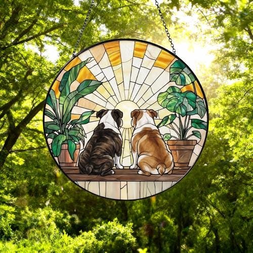 Custom Couple  Bulldog dog Glass Suncatcher, dog Plant Window Hanging, dog Mom Gift, dog Monstera Suncatcher, Plant Lover Gift - image 5
