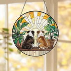 Custom Couple  Bulldog dog Glass Suncatcher, dog Plant Window Hanging, dog Mom Gift, dog Monstera Suncatcher, Plant Lover Gift