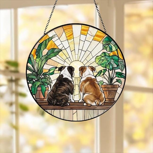 Custom Couple  Bulldog dog Glass Suncatcher, dog Plant Window Hanging, dog Mom Gift, dog Monstera Suncatcher, Plant Lover Gift