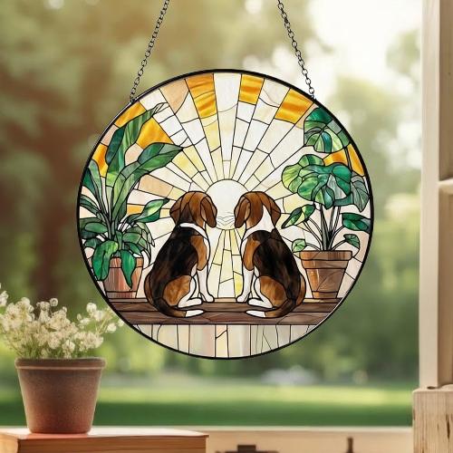 Custom Couple  Beagle dog Glass Suncatcher, dog Plant Window Hanging, dog Mom Gift, dog Monstera Suncatcher, Plant Lover Gift - image 3