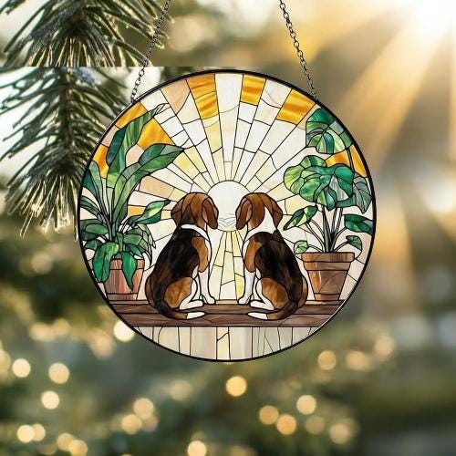 Custom Couple  Beagle dog Glass Suncatcher, dog Plant Window Hanging, dog Mom Gift, dog Monstera Suncatcher, Plant Lover Gift - image 2