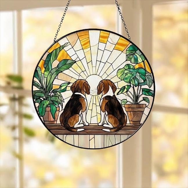 Custom Couple  Beagle dog Glass Suncatcher, dog Plant Window Hanging, dog Mom Gift, dog Monstera Suncatcher, Plant Lover Gift