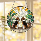 Custom Couple  Beagle dog Glass Suncatcher, dog Plant Window Hanging, dog Mom Gift, dog Monstera Suncatcher, Plant Lover Gift