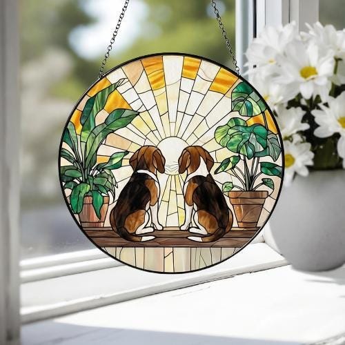 Custom Couple  Beagle dog Glass Suncatcher, dog Plant Window Hanging, dog Mom Gift, dog Monstera Suncatcher, Plant Lover Gift - image 4