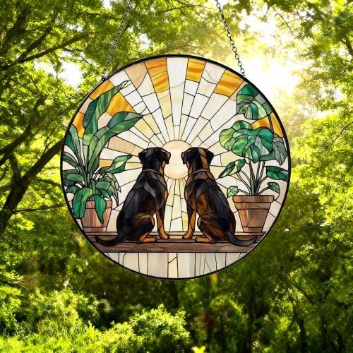 Custom Couple Rottweiler dog Glass Suncatcher, dog Plant Window Hanging, dog Mom Gift, dog Monstera Suncatcher, Plant Lover Gift - image 5