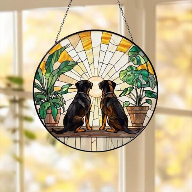 Custom Couple Rottweiler dog Glass Suncatcher, dog Plant Window Hanging, dog Mom Gift, dog Monstera Suncatcher, Plant Lover Gift